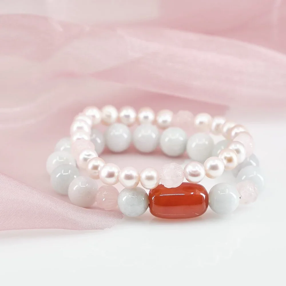 Jade Bracelet Set of 2, Genuine Jade w/Red Agate & Blush Pearls, Quiet Luxury